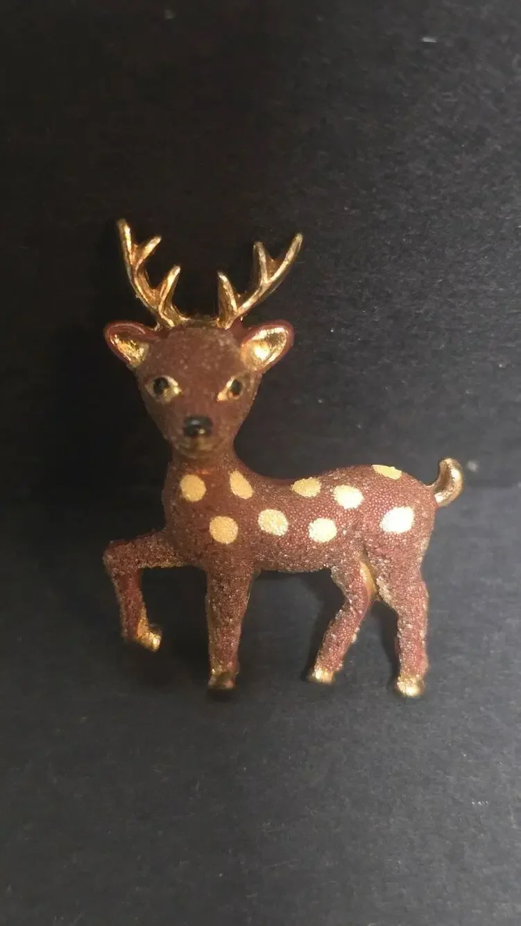 Vintage Brown Deer Fawn Brooch Pin Enamel GoldTone Made in Korea Costume Jewelry